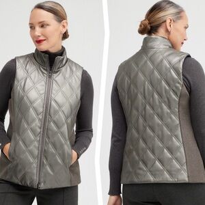 CHICOS Faux Leather Quilted Vest in Stormy Sky